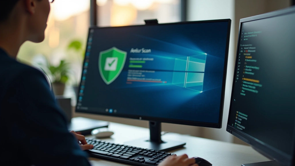 Scansione antimalware in corso su uno schermo di computer, barra di progresso visibile, ambiente di lavoro professionale