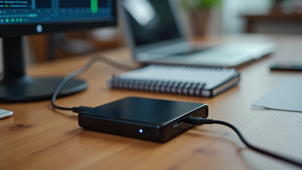Disco rigido esterno collegato a un computer con spie LED accese, pronto per il backup dei dati