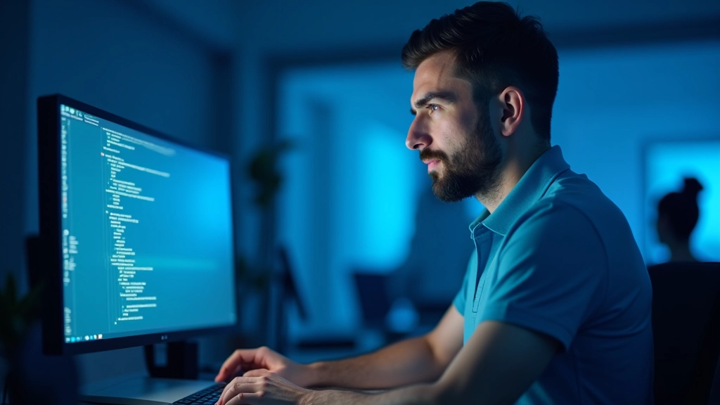 Tecnico che analizza i risultati della diagnostica del sistema su uno schermo luminoso in un ambiente di ufficio moderno