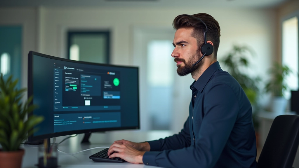 Tecnico IT che lavora al computer con strumenti di supporto remoto visibili sullo schermo