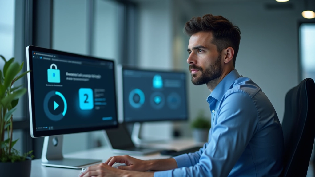 Persona che accede a un computer con software di supporto remoto sicuro attivo, schermo protetto da icone di lucchetto e crittografia