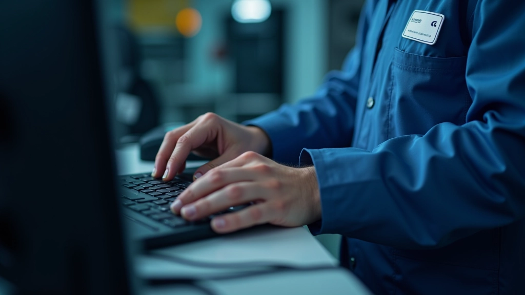 Mano di un tecnico che utilizza uno strumento diagnostico specializzato collegato a un computer, ambiente laboratorio ben illuminato